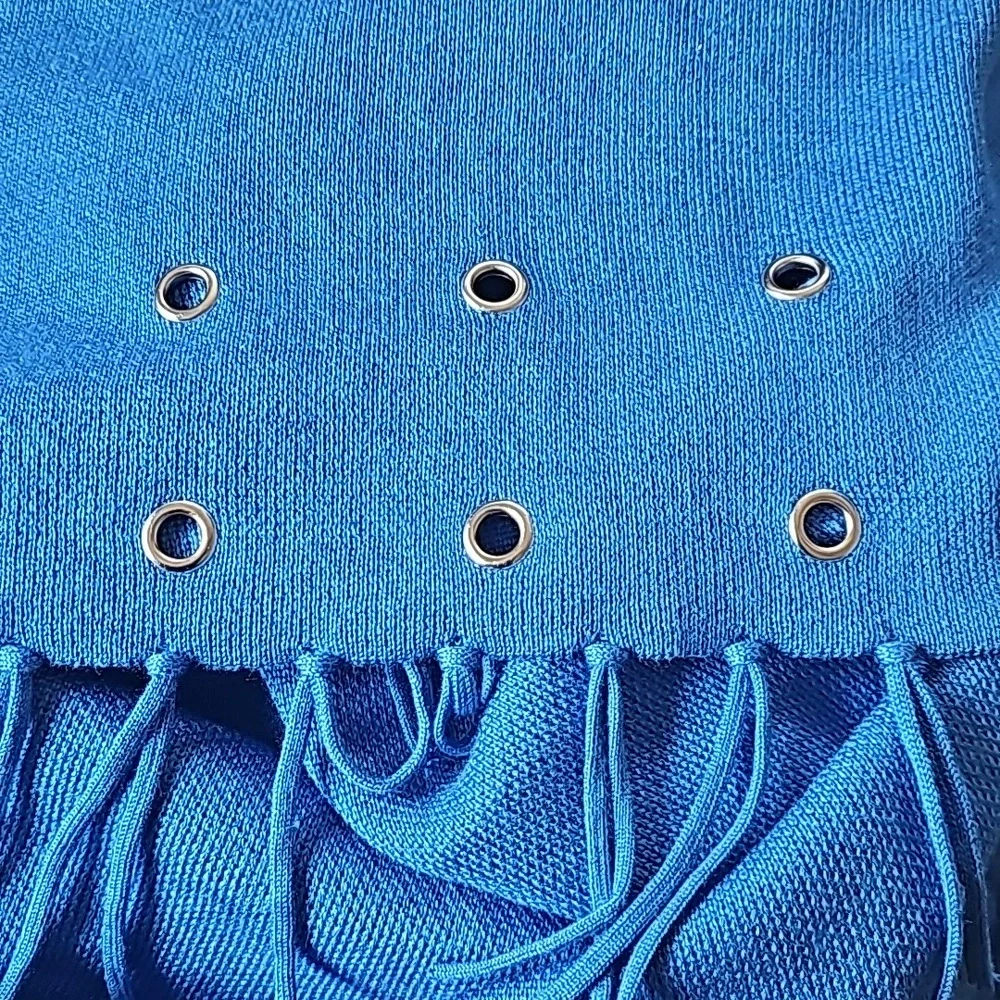 Chico's blue knit gold tone grommets with fringes sweater poncho L /XL - Picture 11 of 12